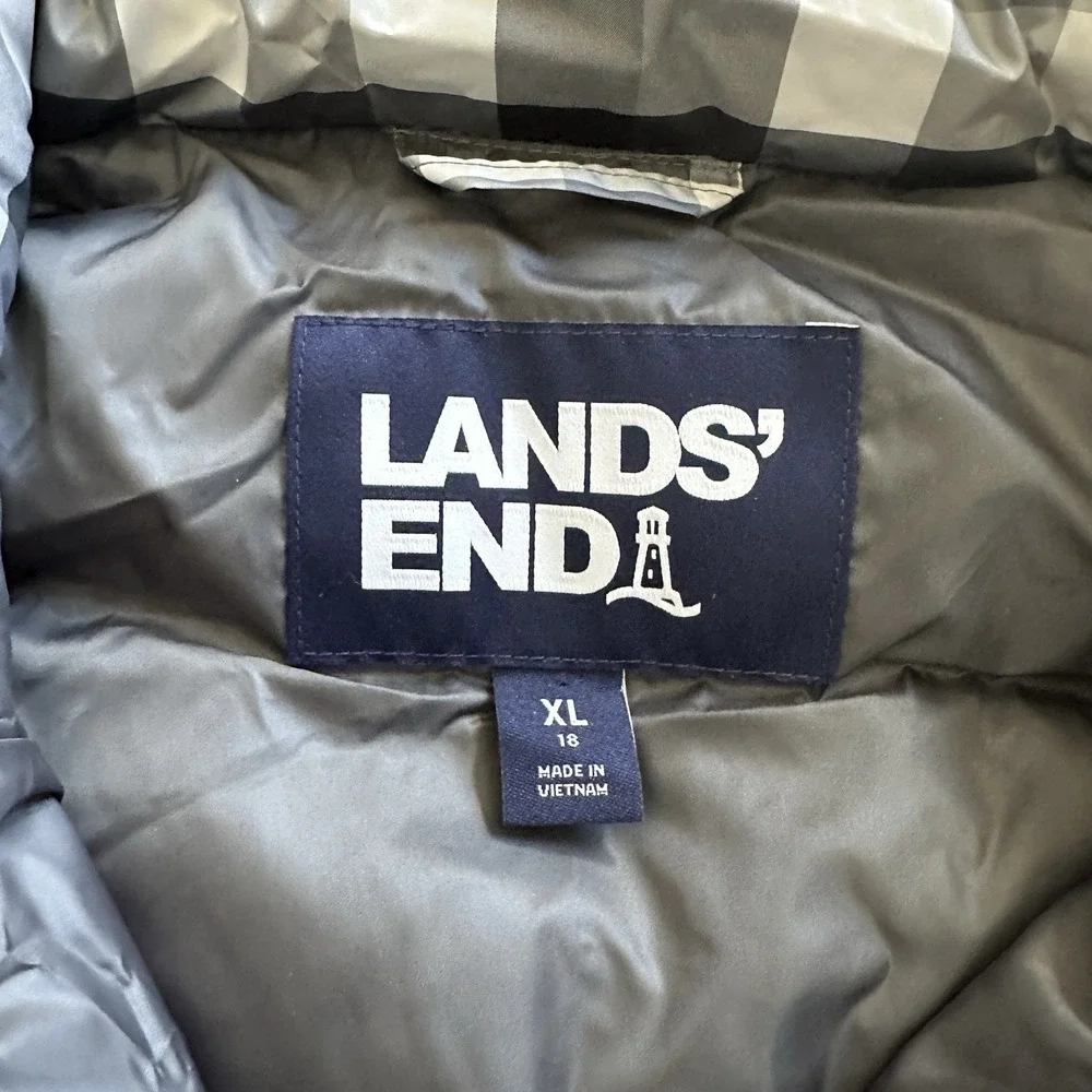 Lands End Plaid  Down Feather Fill Puffer Vest Women's XL Full Zip Winter‎ Snow